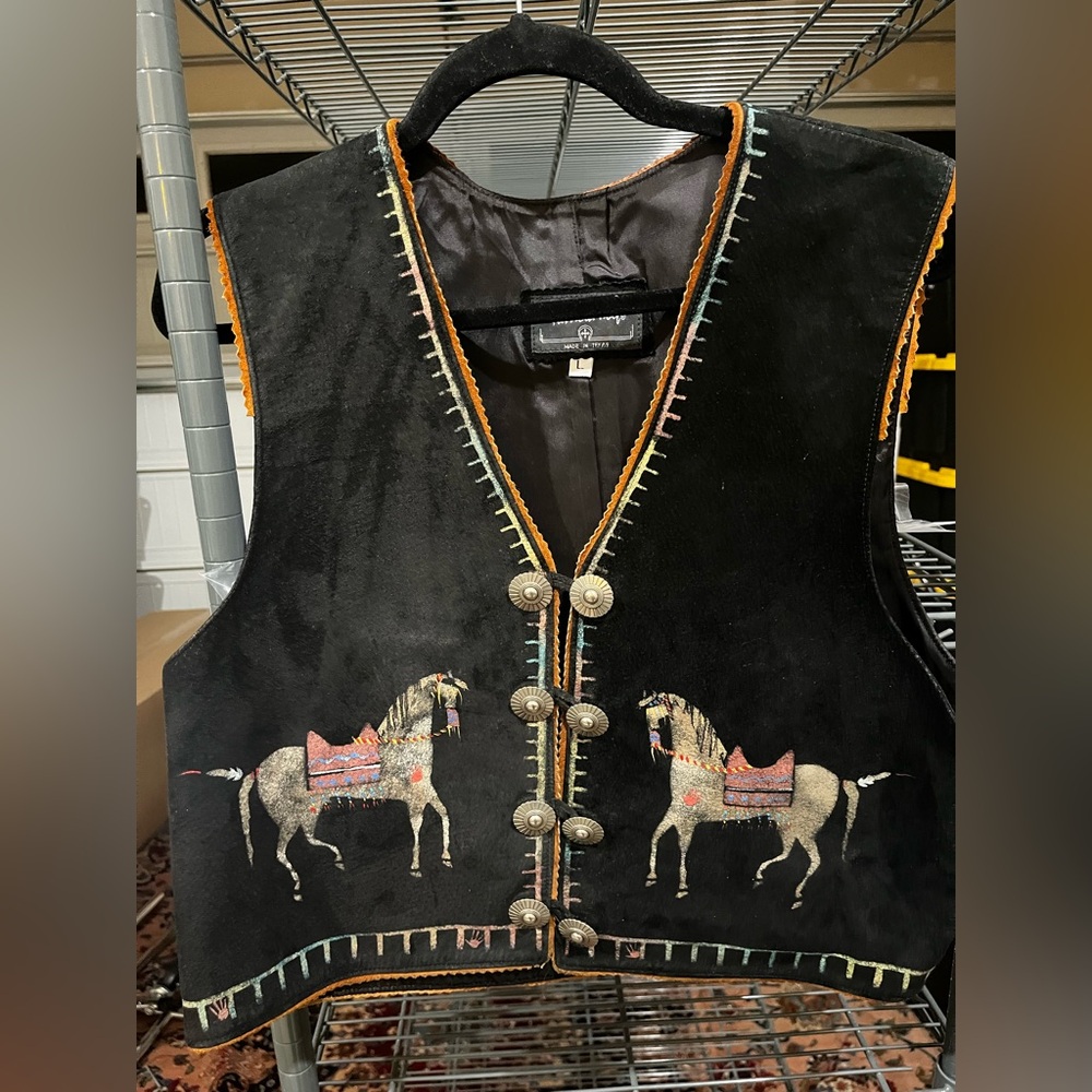 Vintage Patricia Wolf Sz L Embroidered Black Vest with Horse Suede Vest